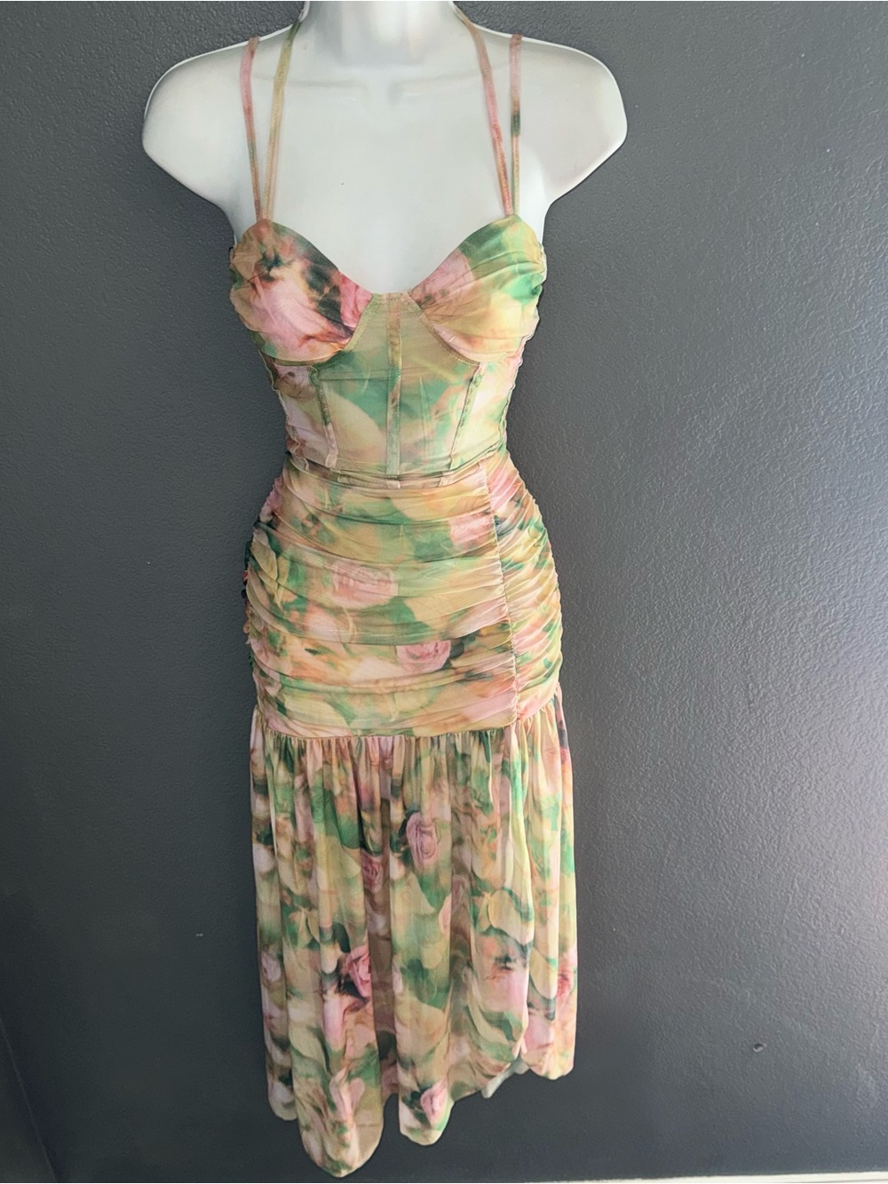 Womens Viral TikTok Floral Midi Corset Mesh Maxi Dress size Small - Picture 4 of 9